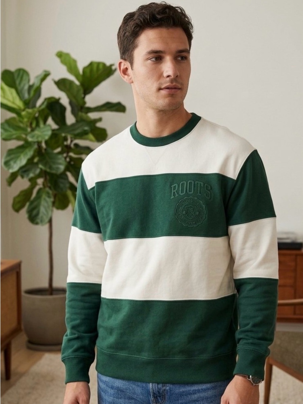 Roots Striped Crewneck Sweater in Dark Green and Cream